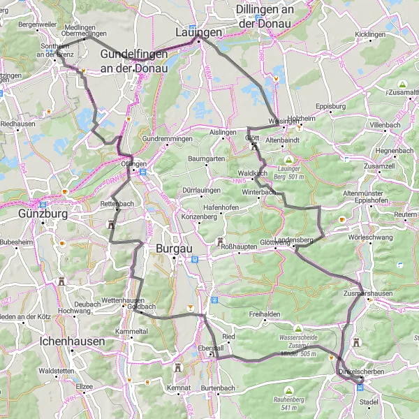 Map miniature of "Schwaben Road Trip" cycling inspiration in Schwaben, Germany. Generated by Tarmacs.app cycling route planner