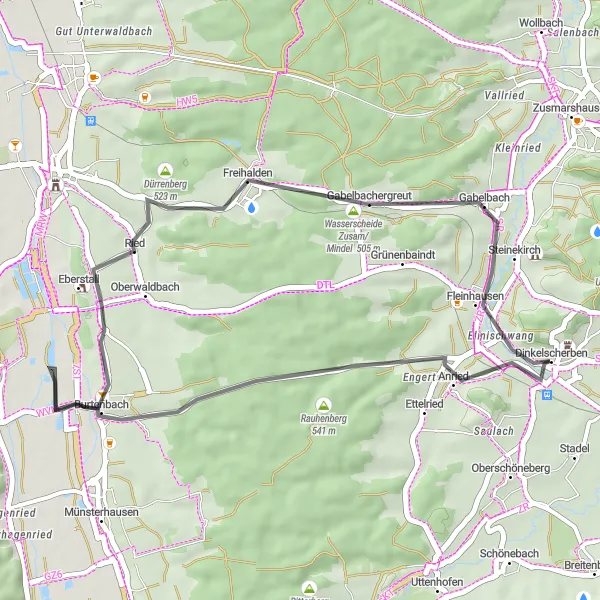 Map miniature of "Dinkelscherben - Rauhenberg - Burtenbach - Dürrenberg - Freihalden - Gabelbach" cycling inspiration in Schwaben, Germany. Generated by Tarmacs.app cycling route planner