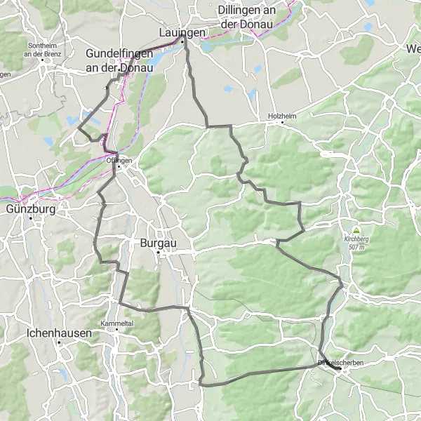 Map miniature of "Dinkelscherben - Rauhenberg - Burtenbach - Kleinbeuren - Harthausen - Echenbrunn - Rechbergreuthen - Fleinhausen" cycling inspiration in Schwaben, Germany. Generated by Tarmacs.app cycling route planner