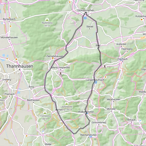 Map miniature of "Scenic Dinkelscherben Loop" cycling inspiration in Schwaben, Germany. Generated by Tarmacs.app cycling route planner