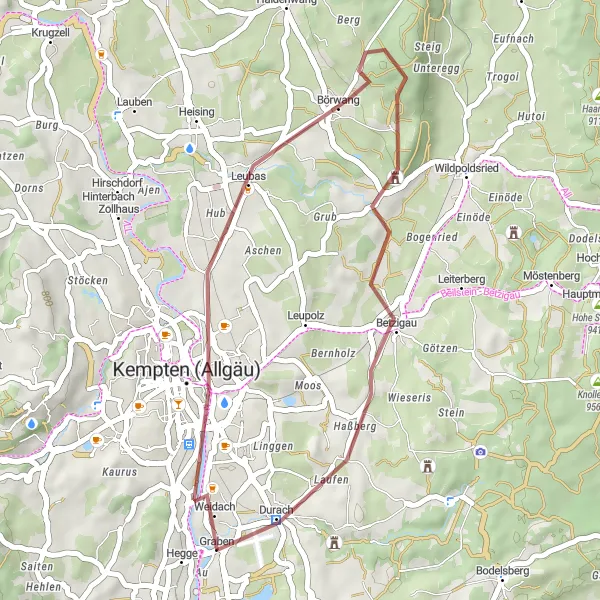 Karten-Miniaturansicht der Radinspiration "Kempten (Allgäu) und Betzigau Rundtour" in Schwaben, Germany. Erstellt vom Tarmacs.app-Routenplaner für Radtouren