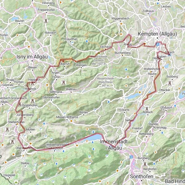 Karten-Miniaturansicht der Radinspiration "Gravelroute durch das Allgäu" in Schwaben, Germany. Erstellt vom Tarmacs.app-Routenplaner für Radtouren