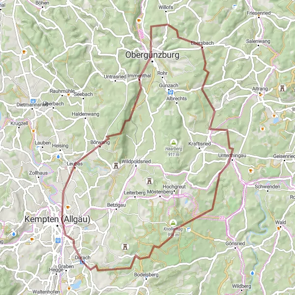 Karten-Miniaturansicht der Radinspiration "Gravel-Tour um Kempten (Allgäu)" in Schwaben, Germany. Erstellt vom Tarmacs.app-Routenplaner für Radtouren