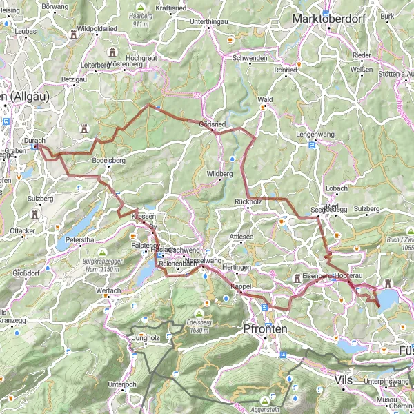 Map miniature of "Mountain Peaks Gravel Expedition" cycling inspiration in Schwaben, Germany. Generated by Tarmacs.app cycling route planner