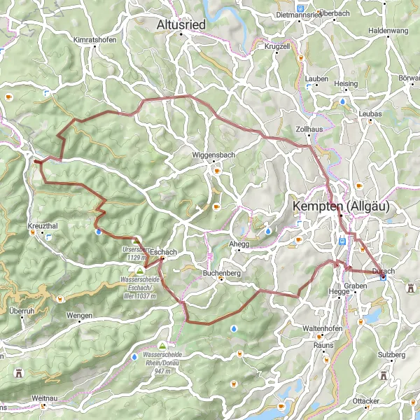 Karten-Miniaturansicht der Radinspiration "Rundtour von Durach nach Kempten (Allgäu)" in Schwaben, Germany. Erstellt vom Tarmacs.app-Routenplaner für Radtouren