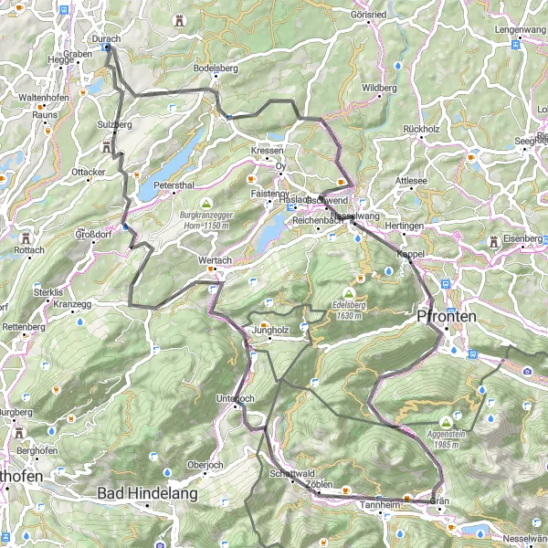 Map miniature of "From Durach to Burgruine Sulzberg" cycling inspiration in Schwaben, Germany. Generated by Tarmacs.app cycling route planner