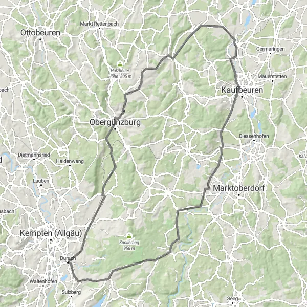 Karten-Miniaturansicht der Radinspiration "Radtour von Betzigau nach Kaufbeuren" in Schwaben, Germany. Erstellt vom Tarmacs.app-Routenplaner für Radtouren