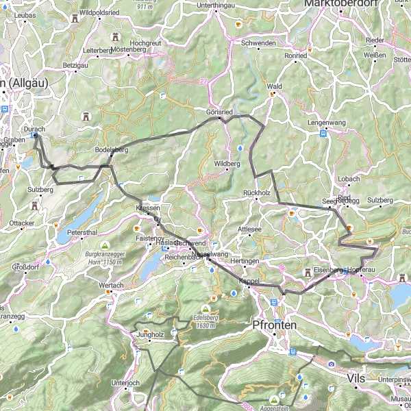 Karten-Miniaturansicht der Radinspiration "Radtour durch Nesselwang und Kohlenberg" in Schwaben, Germany. Erstellt vom Tarmacs.app-Routenplaner für Radtouren