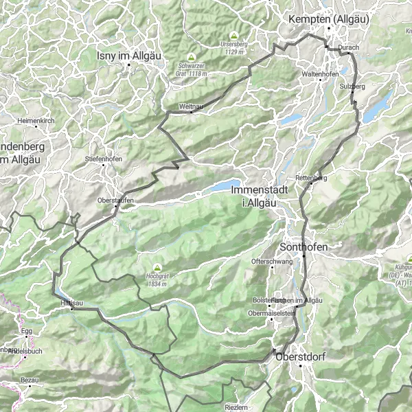 Karten-Miniaturansicht der Radinspiration "Die Große Allgäu Runde durch Rettenberg und Oberstaufen" in Schwaben, Germany. Erstellt vom Tarmacs.app-Routenplaner für Radtouren