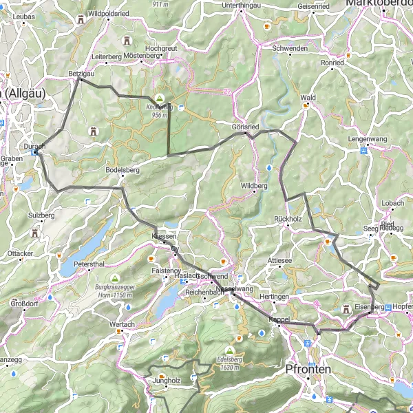 Karten-Miniaturansicht der Radinspiration "Rundtour von Durach nach Nesselwang" in Schwaben, Germany. Erstellt vom Tarmacs.app-Routenplaner für Radtouren