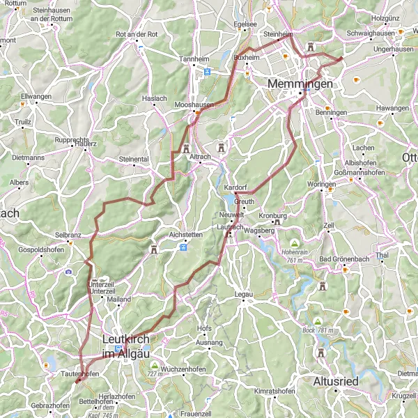 Map miniature of "Lautrach Adventure" cycling inspiration in Schwaben, Germany. Generated by Tarmacs.app cycling route planner