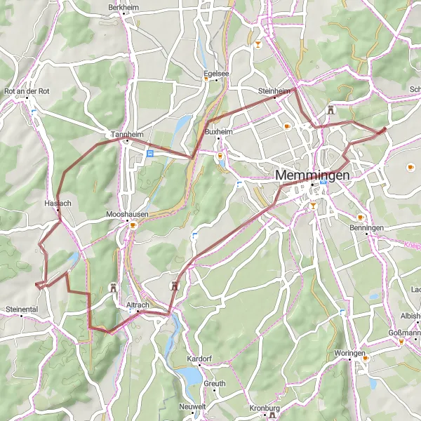 Map miniature of "Aitrach Gravel Ride" cycling inspiration in Schwaben, Germany. Generated by Tarmacs.app cycling route planner