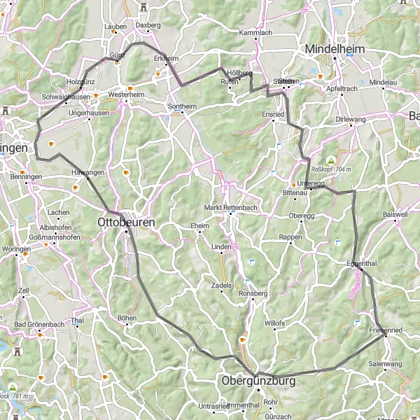 Map miniature of "Road to Adventure" cycling inspiration in Schwaben, Germany. Generated by Tarmacs.app cycling route planner
