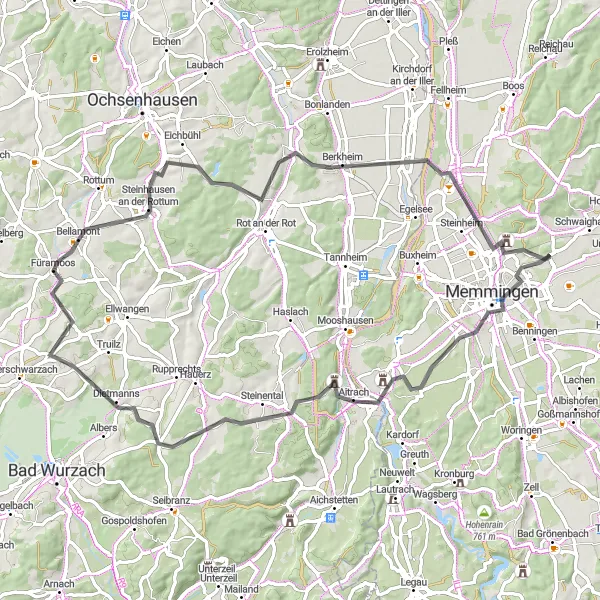 Map miniature of "Journey Through the Villages" cycling inspiration in Schwaben, Germany. Generated by Tarmacs.app cycling route planner