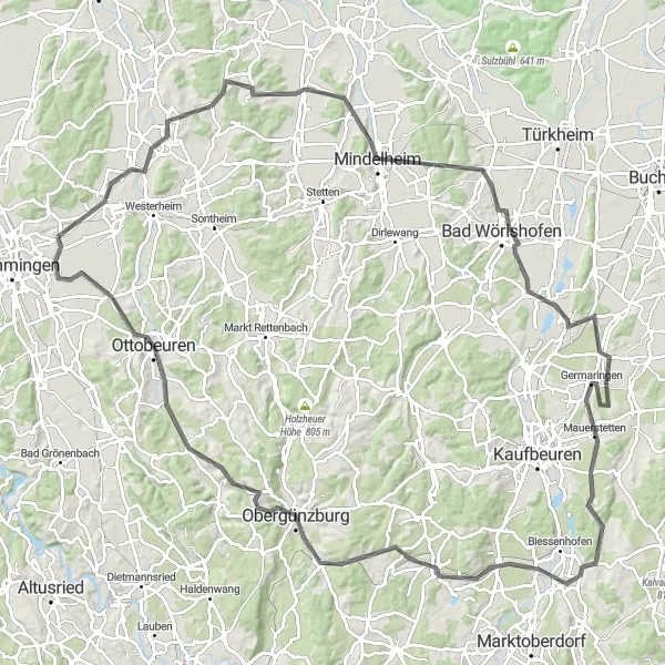 Map miniature of "Mindelheim Loop" cycling inspiration in Schwaben, Germany. Generated by Tarmacs.app cycling route planner