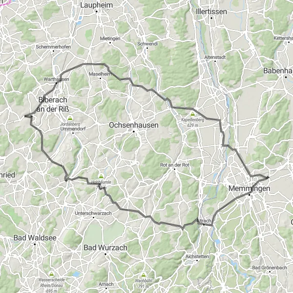 Map miniature of "Memmingen Explorer" cycling inspiration in Schwaben, Germany. Generated by Tarmacs.app cycling route planner