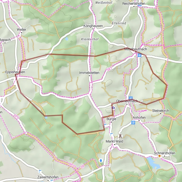 Map miniature of "Mittelneufnach Gravel Adventure" cycling inspiration in Schwaben, Germany. Generated by Tarmacs.app cycling route planner