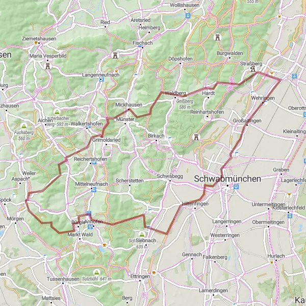 Karten-Miniaturansicht der Radinspiration "Herausfordernde Gravel-Tour durch Bayern" in Schwaben, Germany. Erstellt vom Tarmacs.app-Routenplaner für Radtouren