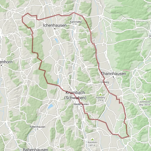 Map miniature of "Krumbach (Schwaben) Escape" cycling inspiration in Schwaben, Germany. Generated by Tarmacs.app cycling route planner