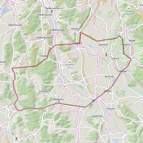 Map miniature of "Scenic Gravel Ride to Aspach" cycling inspiration in Schwaben, Germany. Generated by Tarmacs.app cycling route planner