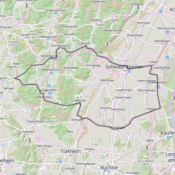 Map miniature of "Eppishausen to Christoph-Scheiner-Turm" cycling inspiration in Schwaben, Germany. Generated by Tarmacs.app cycling route planner