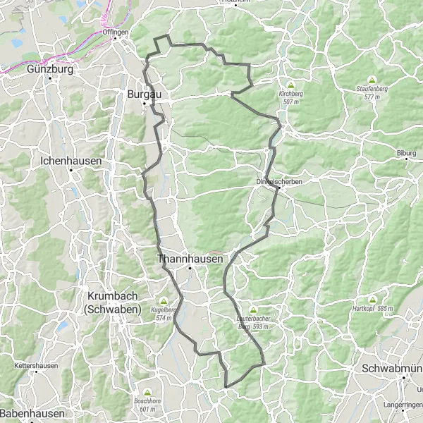 Map miniature of "The Schwaben Loop" cycling inspiration in Schwaben, Germany. Generated by Tarmacs.app cycling route planner