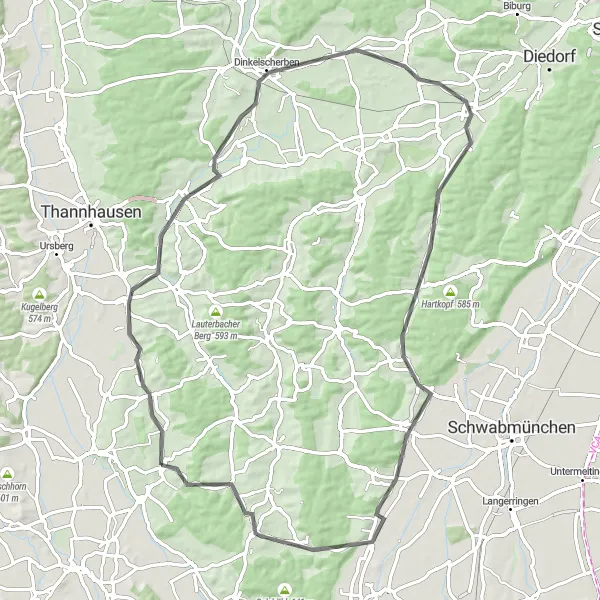 Map miniature of "Ziemetshausen to Immelstetten" cycling inspiration in Schwaben, Germany. Generated by Tarmacs.app cycling route planner