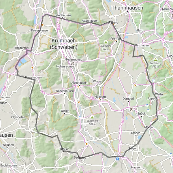 Map miniature of "Pfaffenhausen Circuit" cycling inspiration in Schwaben, Germany. Generated by Tarmacs.app cycling route planner