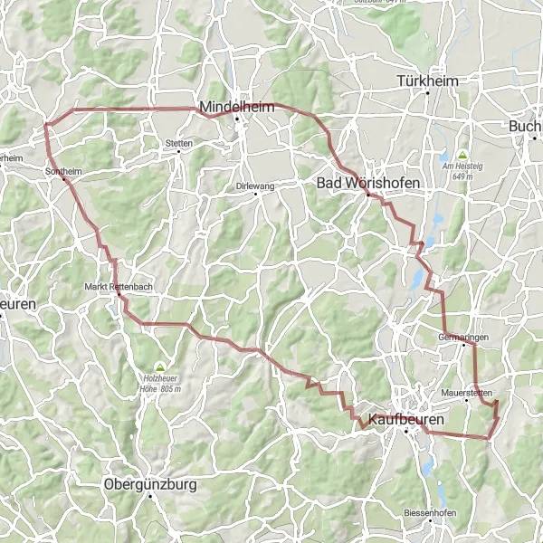 Map miniature of "Gravel Adventure in Schwaben" cycling inspiration in Schwaben, Germany. Generated by Tarmacs.app cycling route planner