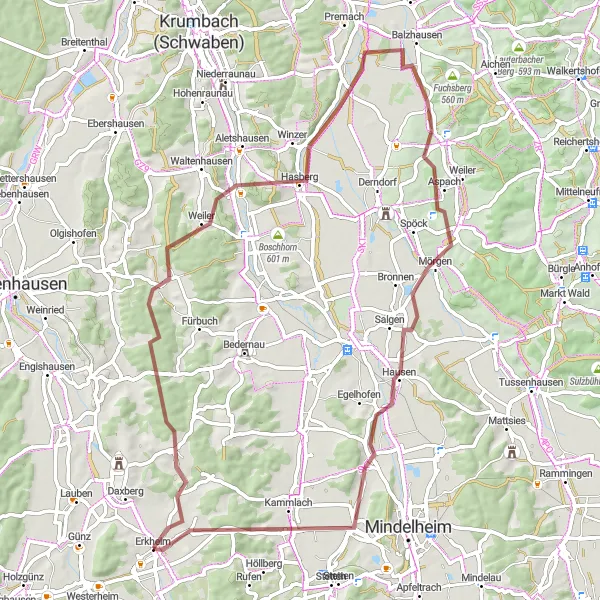 Map miniature of "Erkheim Rural Gravel Ride" cycling inspiration in Schwaben, Germany. Generated by Tarmacs.app cycling route planner