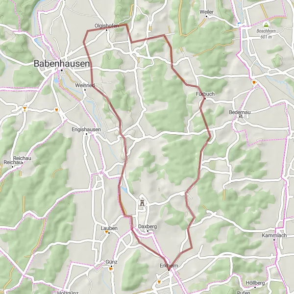 Map miniature of "Erkheim Gravel Adventure" cycling inspiration in Schwaben, Germany. Generated by Tarmacs.app cycling route planner
