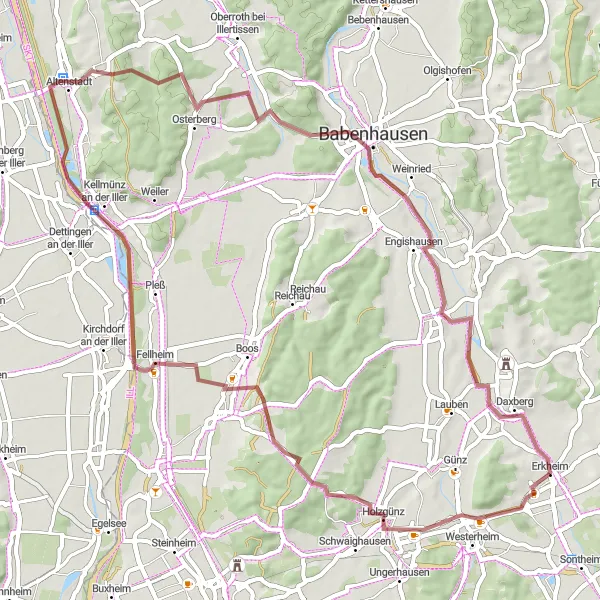 Map miniature of "Erkheim Gravel Adventure" cycling inspiration in Schwaben, Germany. Generated by Tarmacs.app cycling route planner