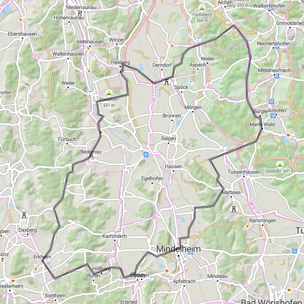 Map miniature of "Erkheim to Christoph-Scheiner-Turm" cycling inspiration in Schwaben, Germany. Generated by Tarmacs.app cycling route planner