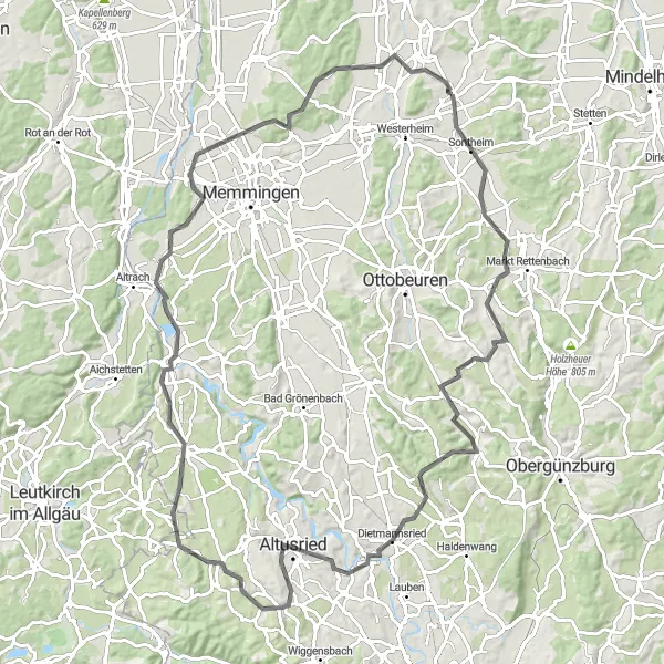 Map miniature of "Erkheim to Altusried Adventure" cycling inspiration in Schwaben, Germany. Generated by Tarmacs.app cycling route planner