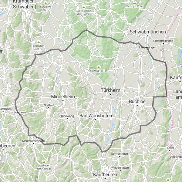 Map miniature of "The Hilly Challenge" cycling inspiration in Schwaben, Germany. Generated by Tarmacs.app cycling route planner