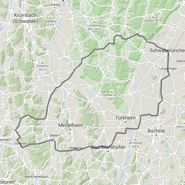 Map miniature of "The Ultimate Challenge" cycling inspiration in Schwaben, Germany. Generated by Tarmacs.app cycling route planner