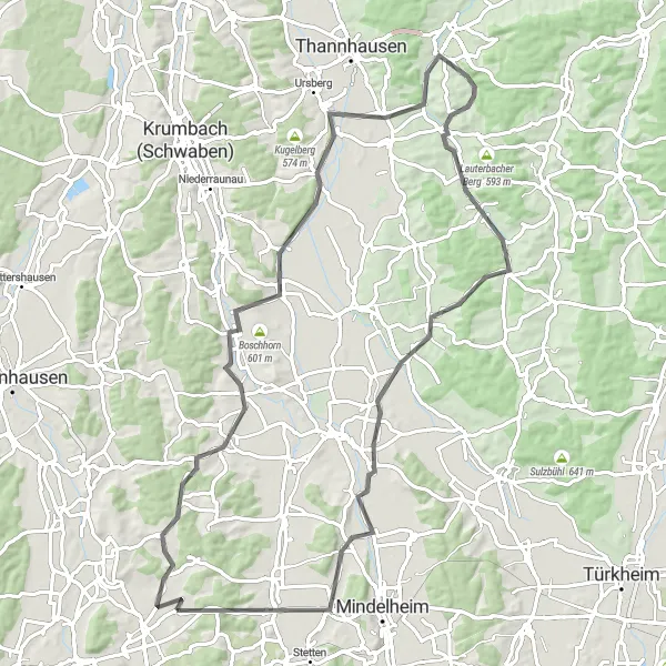 Map miniature of "Discovering Historic Villages" cycling inspiration in Schwaben, Germany. Generated by Tarmacs.app cycling route planner