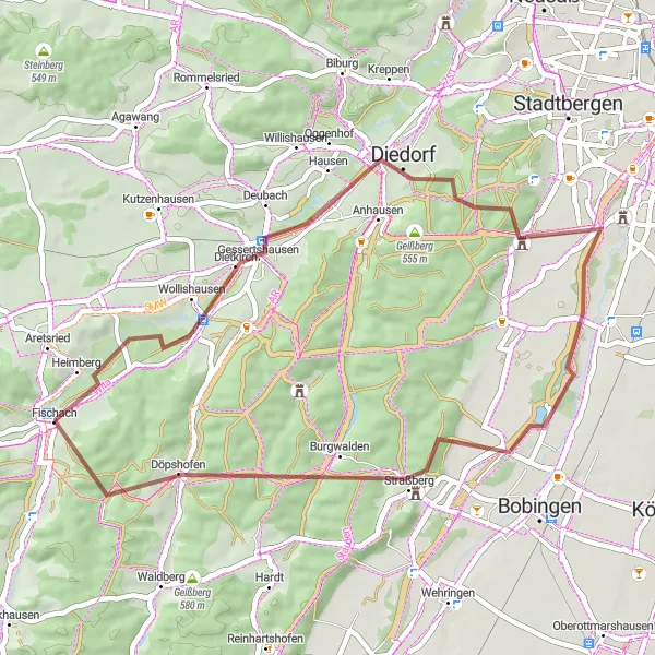 Map miniature of "Schmuttertal Gravel Ride" cycling inspiration in Schwaben, Germany. Generated by Tarmacs.app cycling route planner