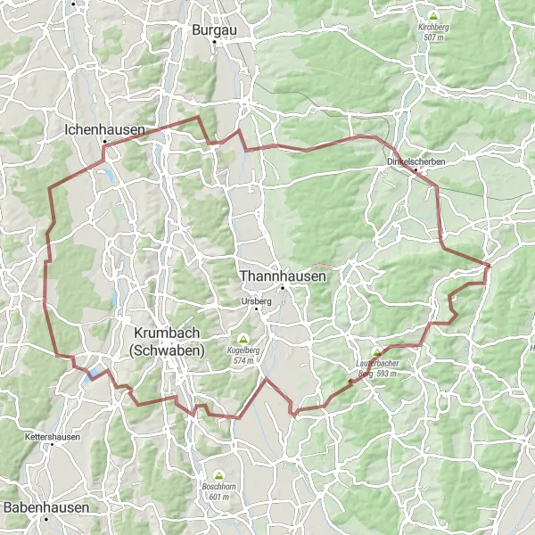 Map miniature of "Aletshausen Gravel Adventure" cycling inspiration in Schwaben, Germany. Generated by Tarmacs.app cycling route planner