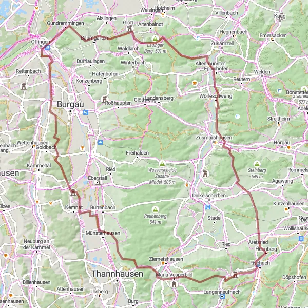 Map miniature of "Schmuttertal Gravel Loop" cycling inspiration in Schwaben, Germany. Generated by Tarmacs.app cycling route planner