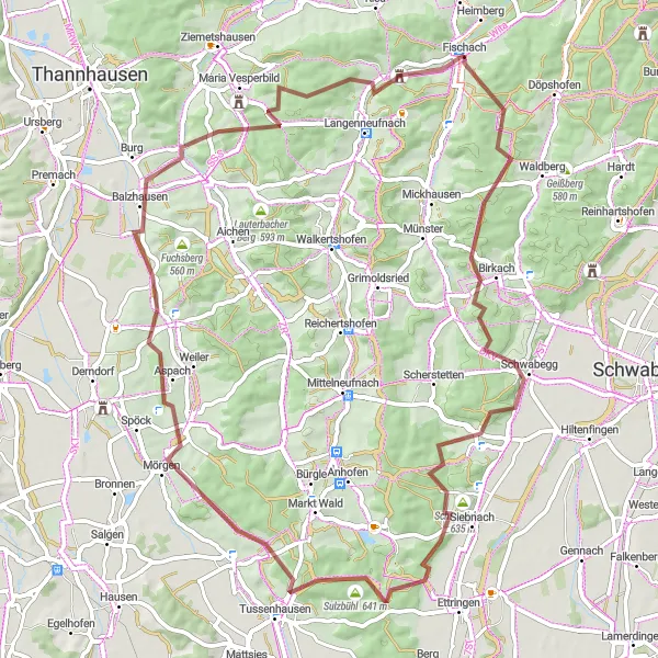 Map miniature of "The Gravel Adventure" cycling inspiration in Schwaben, Germany. Generated by Tarmacs.app cycling route planner