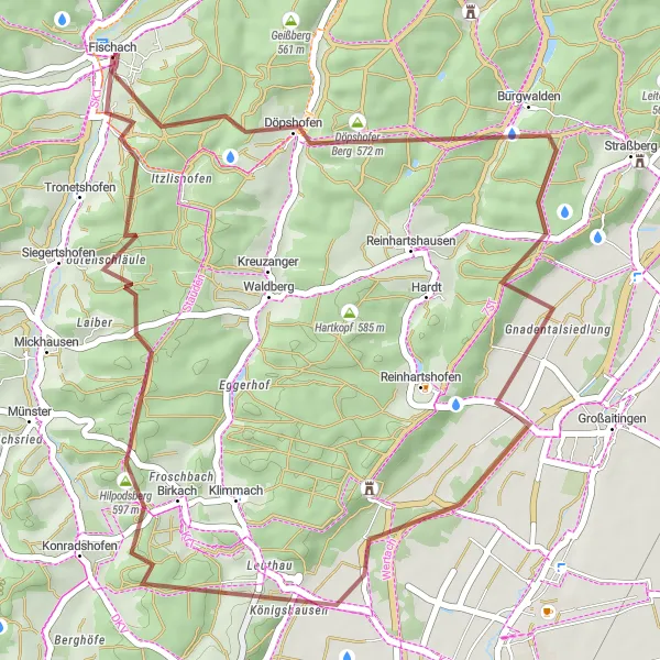 Map miniature of "Fischach Gravel Adventure" cycling inspiration in Schwaben, Germany. Generated by Tarmacs.app cycling route planner