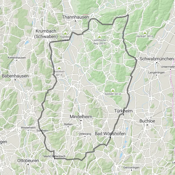 Map miniature of "Historic Trails Tour" cycling inspiration in Schwaben, Germany. Generated by Tarmacs.app cycling route planner