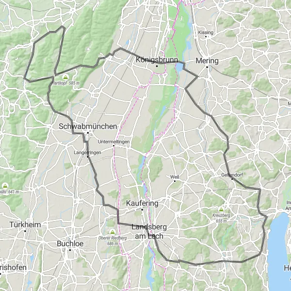 Map miniature of "The Hungerberg Loop" cycling inspiration in Schwaben, Germany. Generated by Tarmacs.app cycling route planner