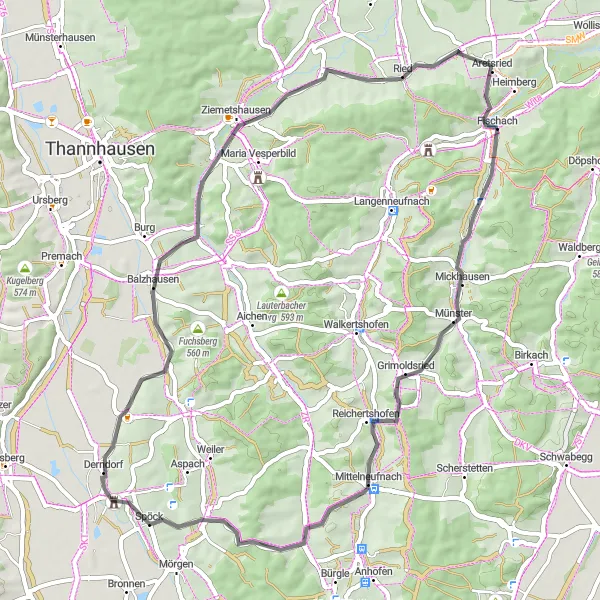 Map miniature of "Schmiedberg and Mickhausen Road Circuit" cycling inspiration in Schwaben, Germany. Generated by Tarmacs.app cycling route planner