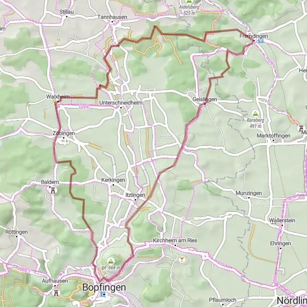 Map miniature of "Explore Ipf and Bopfingen" cycling inspiration in Schwaben, Germany. Generated by Tarmacs.app cycling route planner