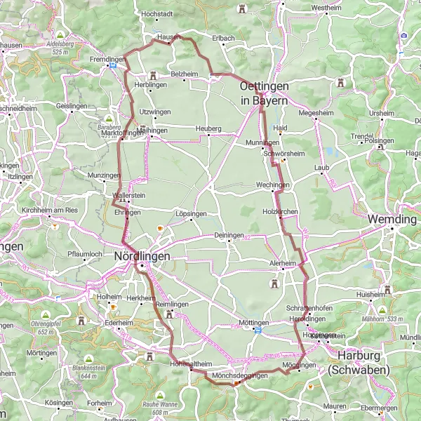 Map miniature of "Gravel Adventure through Wörnitzostheim" cycling inspiration in Schwaben, Germany. Generated by Tarmacs.app cycling route planner