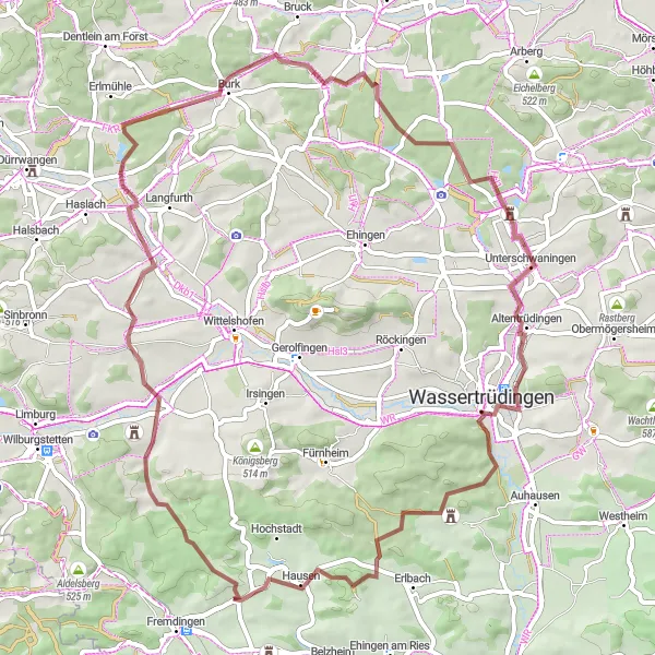 Map miniature of "Gravel Through Schwaben Countryside" cycling inspiration in Schwaben, Germany. Generated by Tarmacs.app cycling route planner