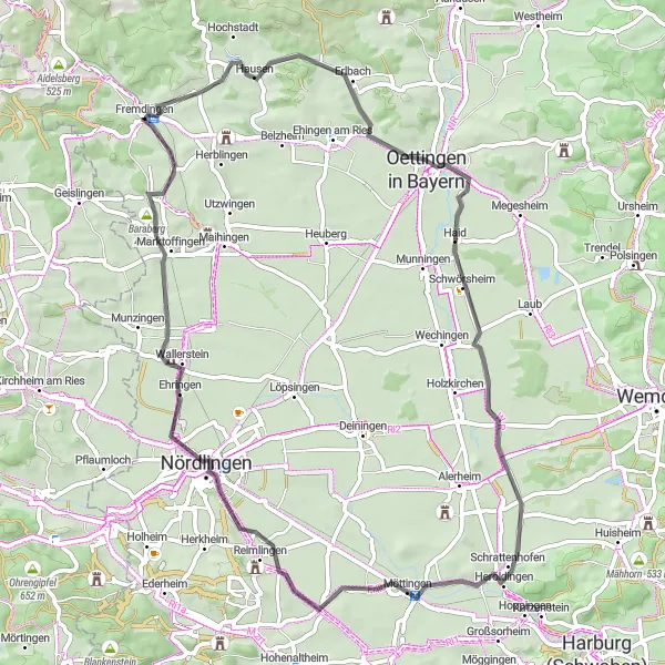 Map miniature of "Rollenberg and Wallerstein Cycling Route" cycling inspiration in Schwaben, Germany. Generated by Tarmacs.app cycling route planner