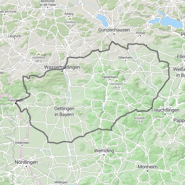 Map miniature of "Geißberg and Döckinger Berg Road Cycling Route" cycling inspiration in Schwaben, Germany. Generated by Tarmacs.app cycling route planner